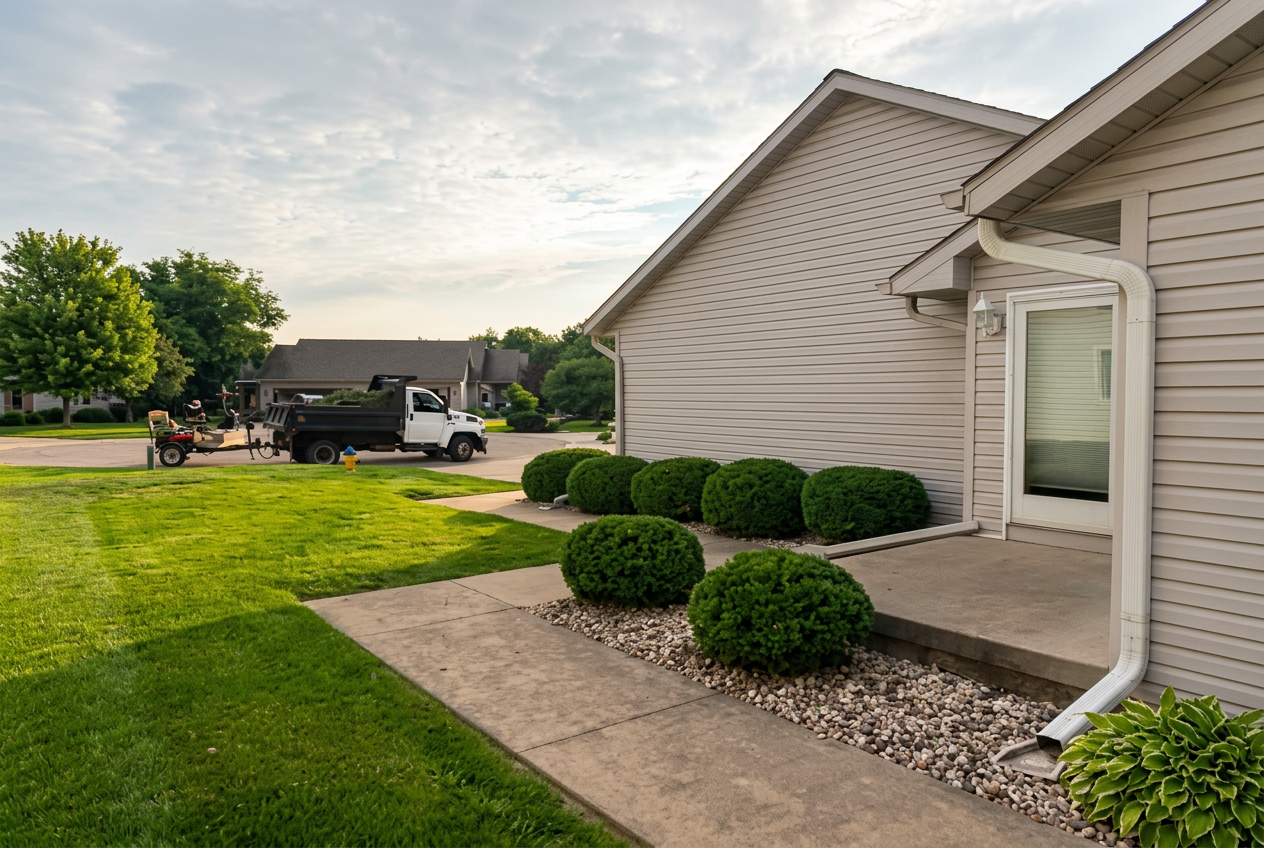 Trimmed shrubs and manicured lawn beside a home